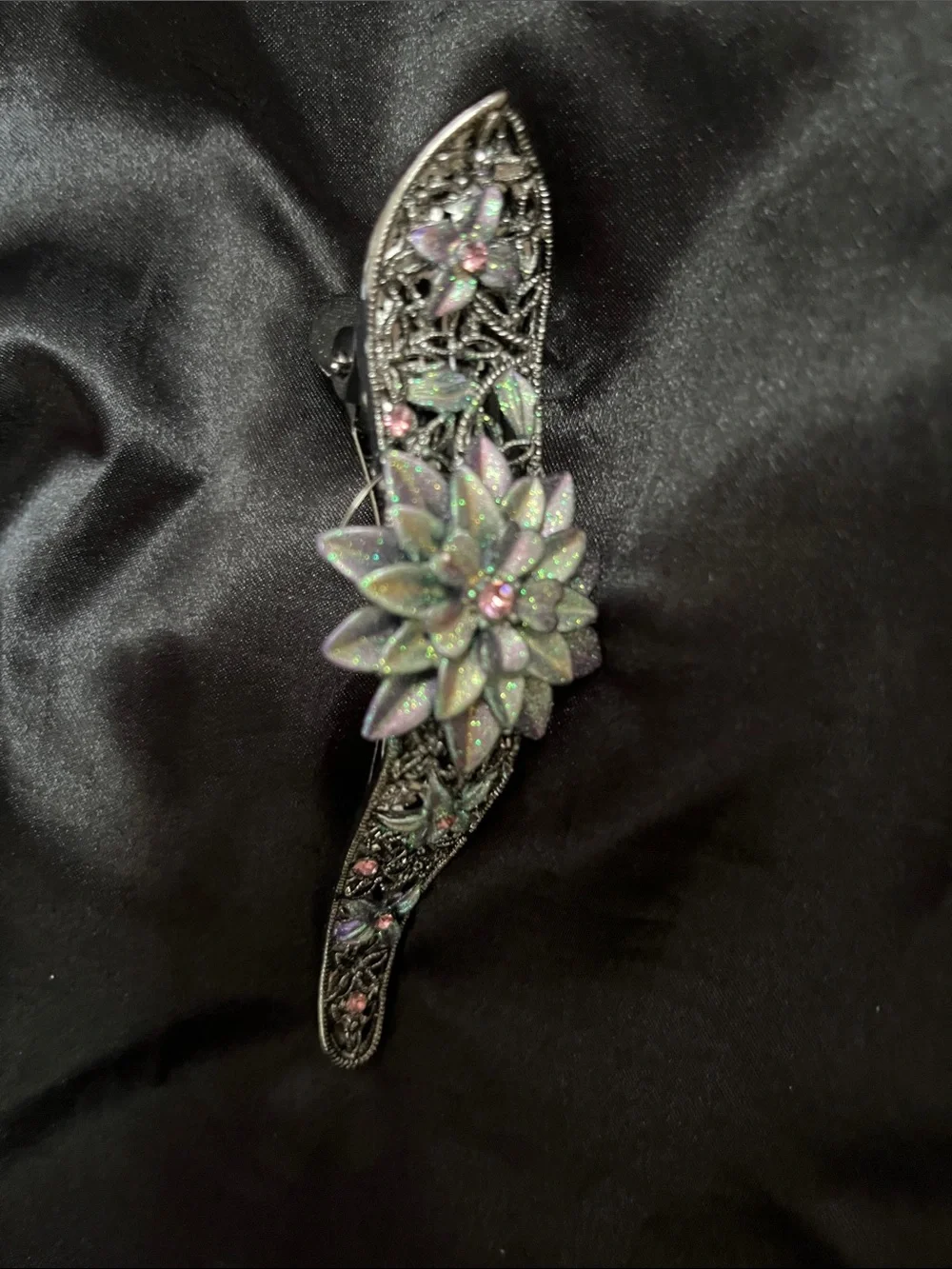 Sparkling Floral Barrette Hair Clip - Iridescent Silver Flower